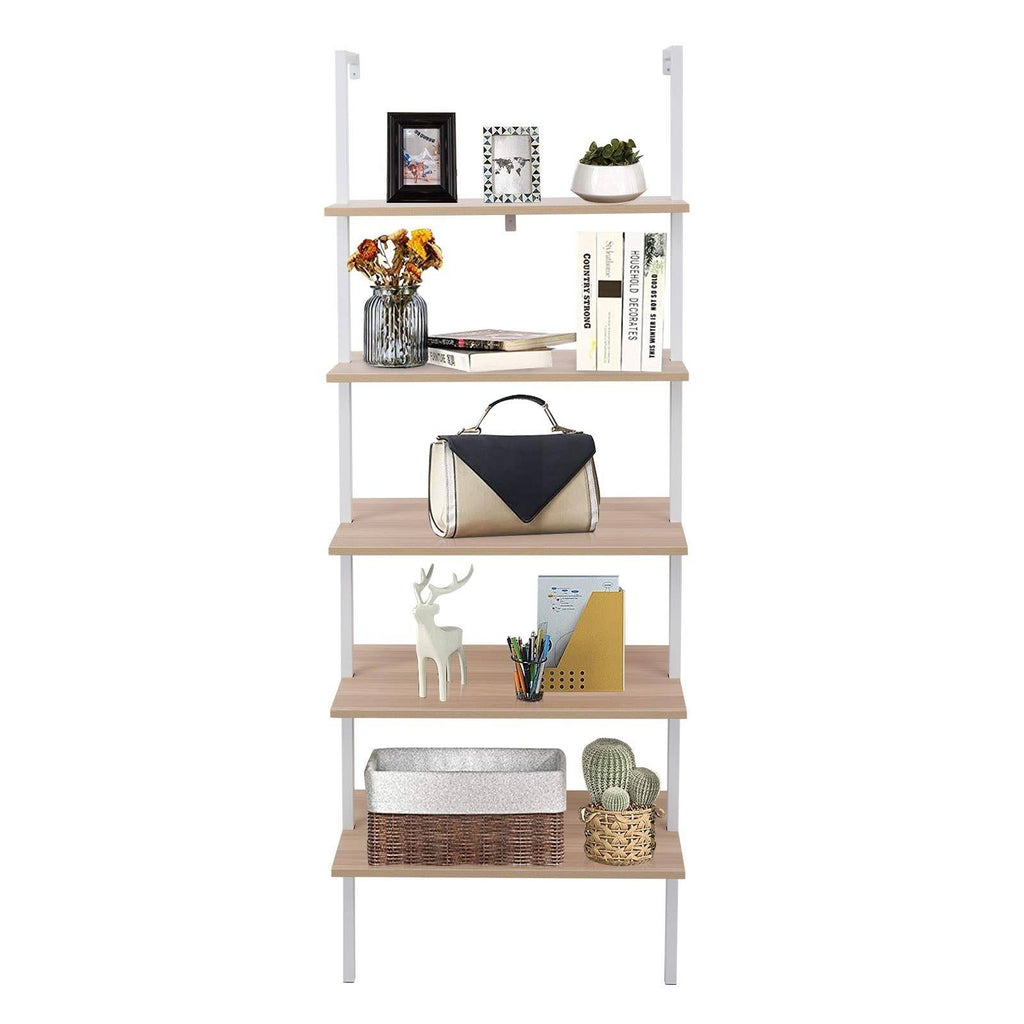Walnut Beige 5-Tier Wood Ladder Bookcase with Metal Frame R513