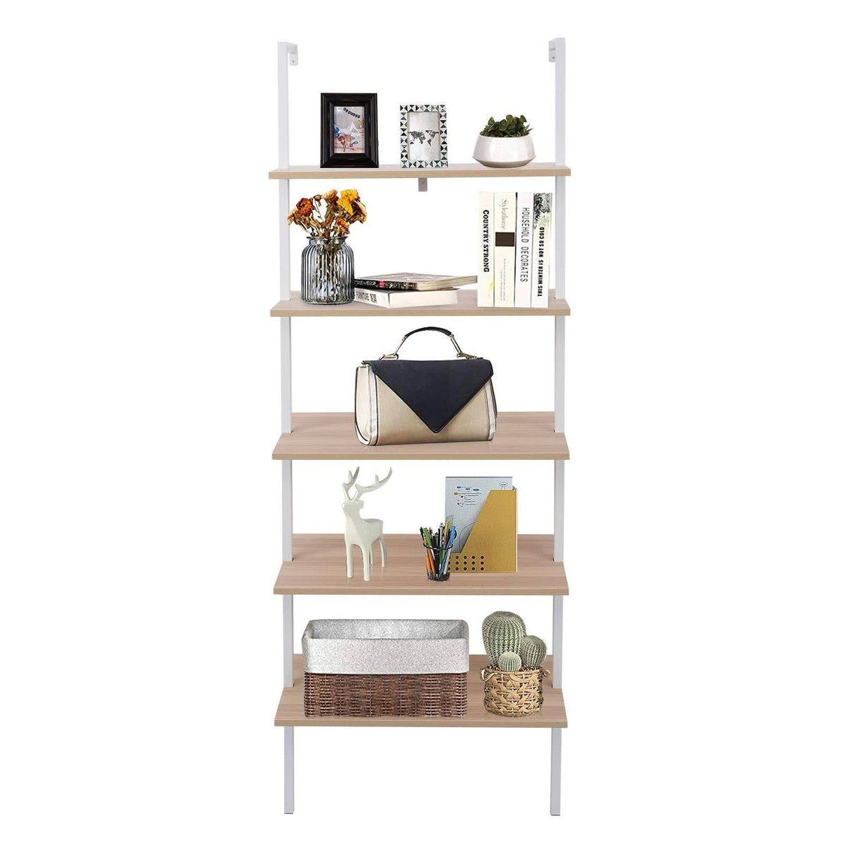 Walnut Beige 5-Tier Wood Ladder Bookcase with Metal Frame R513