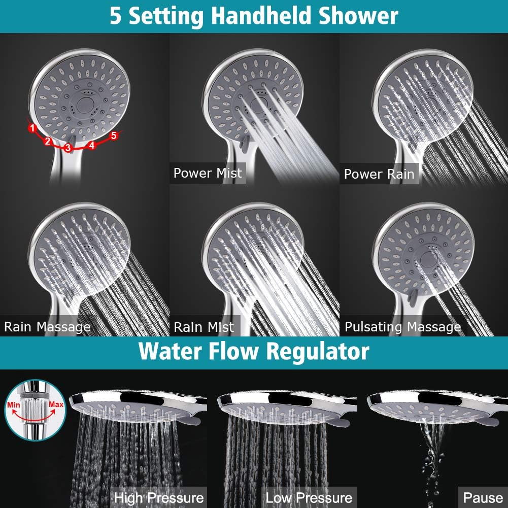 Chrome Stainless Steel Rainfall Shower Head Combo with Extension Arm, Holder, Hose, 4 Hooks, Pack of 2 T12472