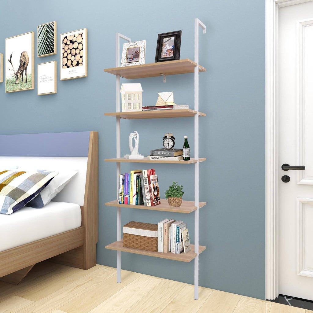 Walnut Beige 5-Tier Wood Ladder Bookcase with Metal Frame R513