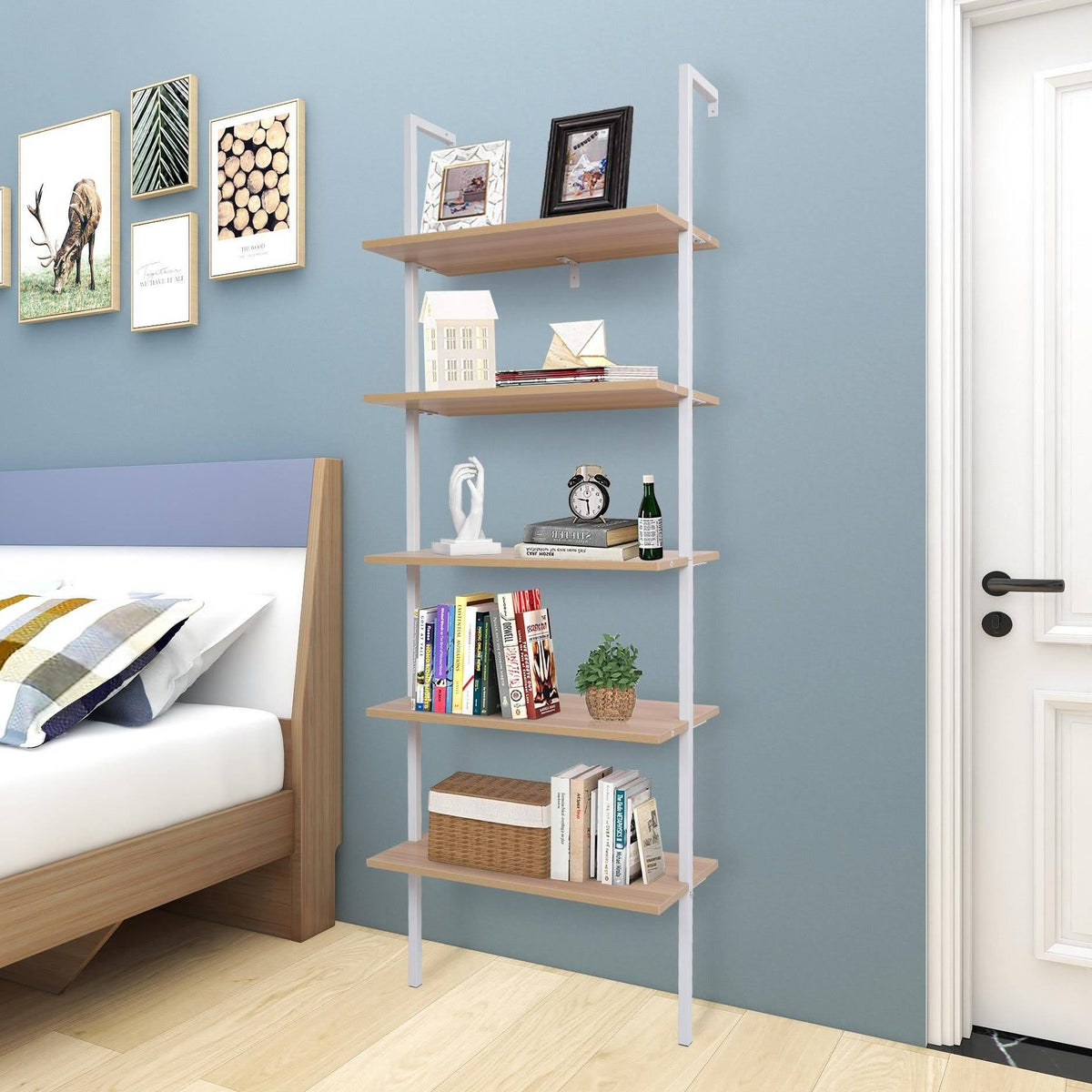 Walnut Beige 5-Tier Wood Ladder Bookcase with Metal Frame R513