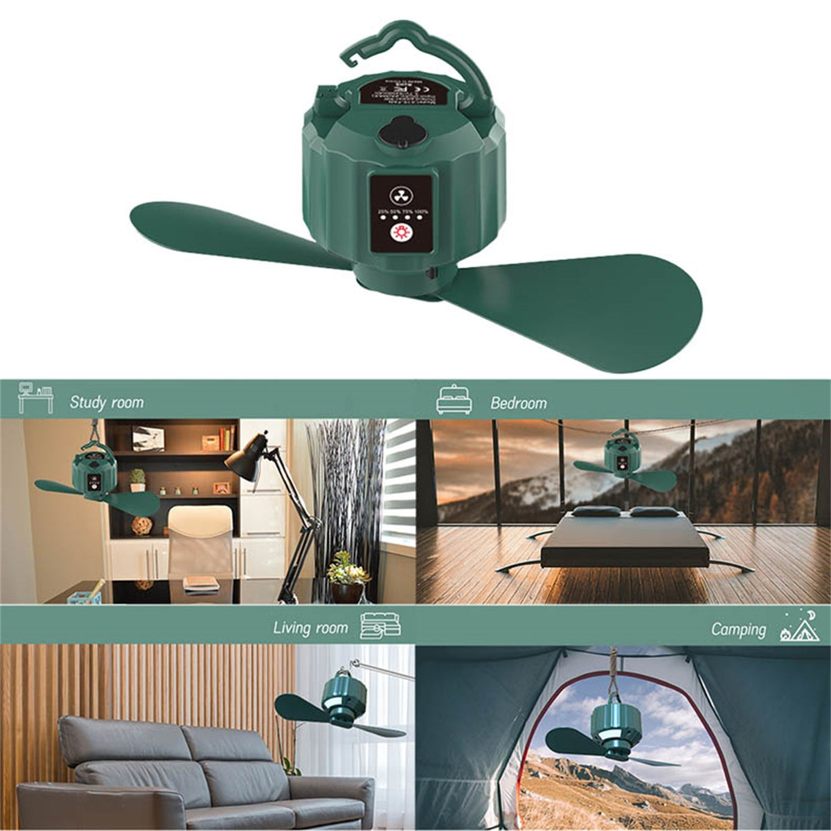 Rechargeable Camping Fan with LED Light and Hook 5200mAh P71194