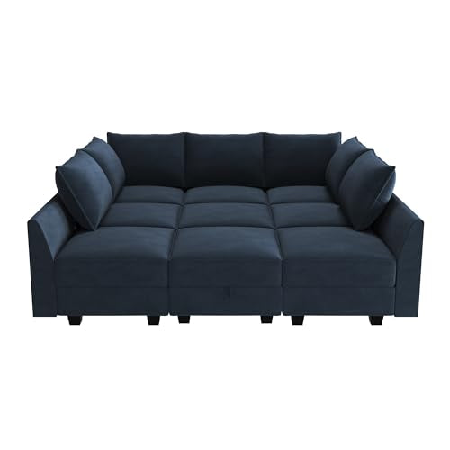 Dark Blue Velvet Sleeper Sectional Sofa with Storage J254