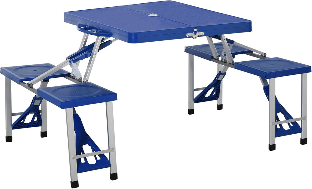 Blue 4-Seats Aluminum Fold Up Picnic Table Set with Four Chairs and Umbrella Hole D348