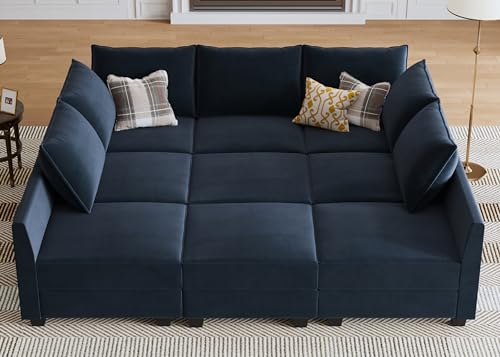 Dark Blue Velvet Sleeper Sectional Sofa with Storage J254