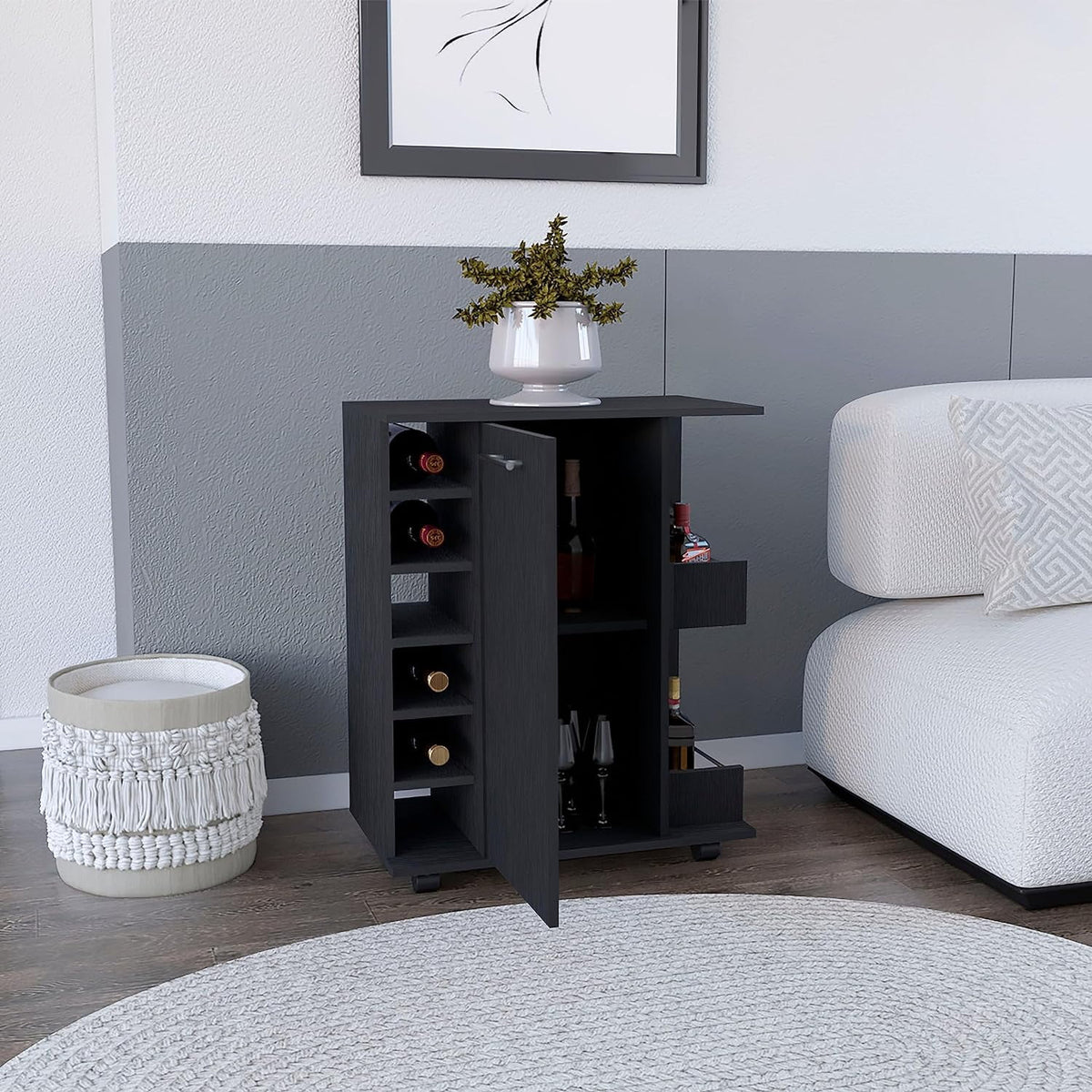 Black Bar Cart with 6 Built In Bottle Racks and 2 Open Side Shelves Z3413