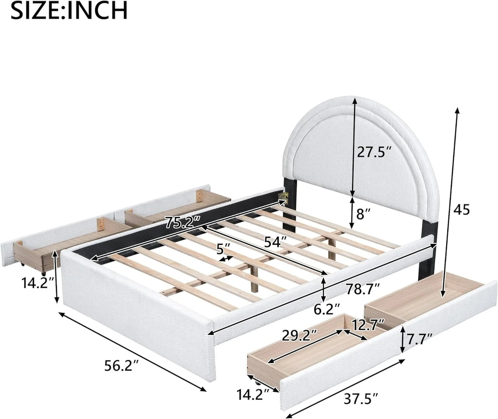 Full Size White Teddy Upholstered Platform Bed with Four Drawers I436