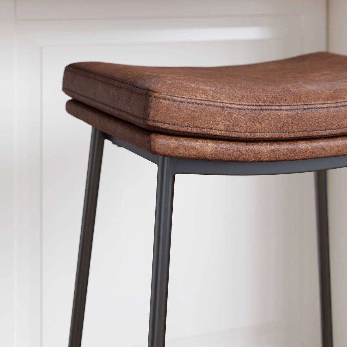 Brown Backless Upholstered Bar Stool with Metal Base R82112