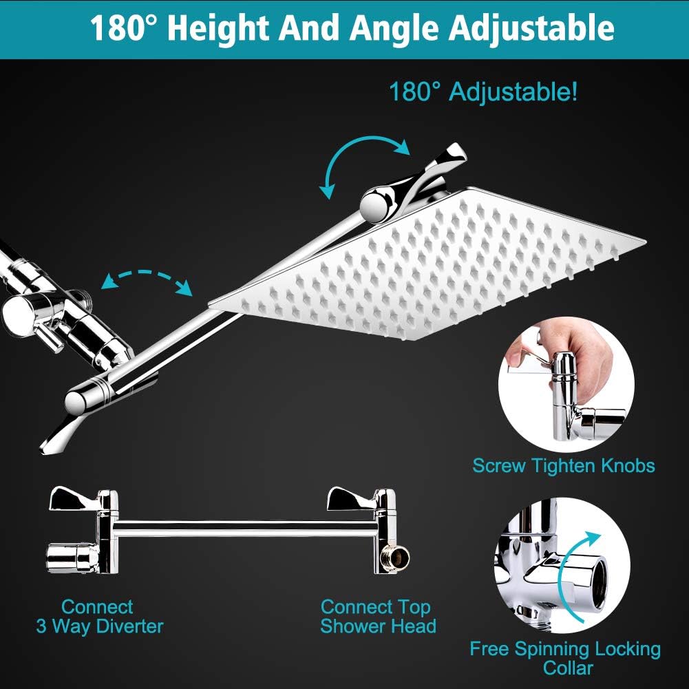 Chrome Stainless Steel Rainfall Shower Head Combo with Extension Arm, Holder, Hose, 4 Hooks, Pack of 2 T12472
