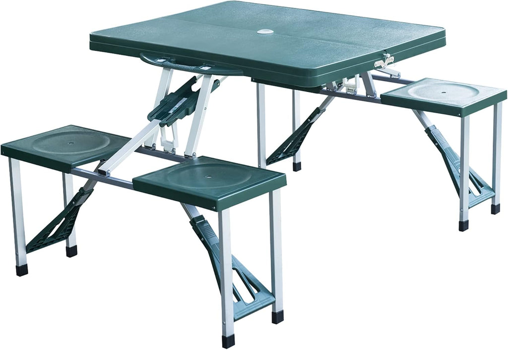 Blue 4-Seats Aluminum Fold Up Picnic Table Set with Four Chairs and Umbrella Hole D348