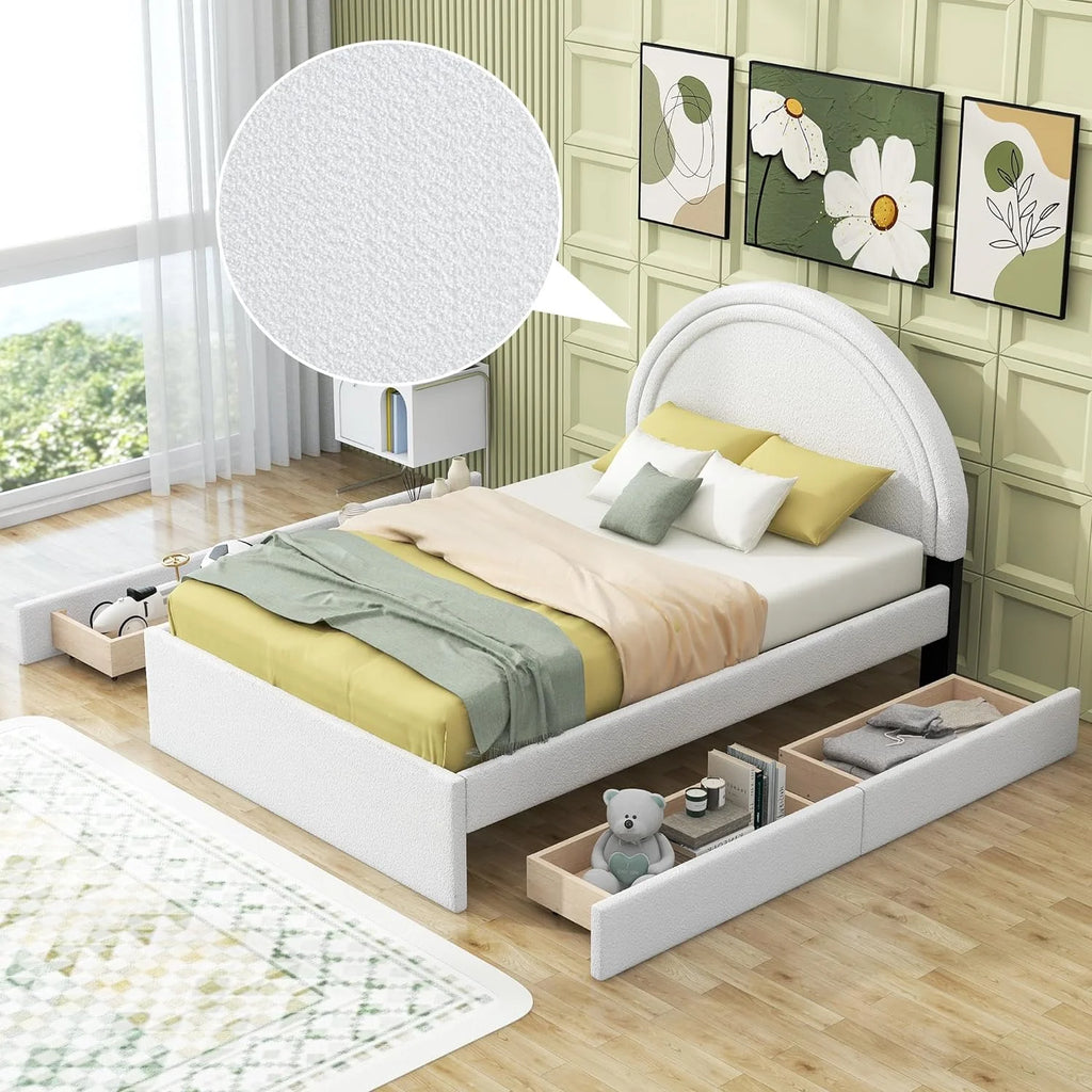 Full Size White Teddy Upholstered Platform Bed with Four Drawers I436