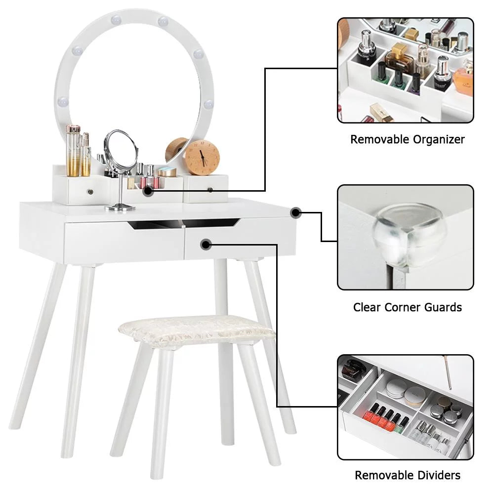 White Wooden Dressing Table with Lighted Mirror and Cushioned Stool T5574