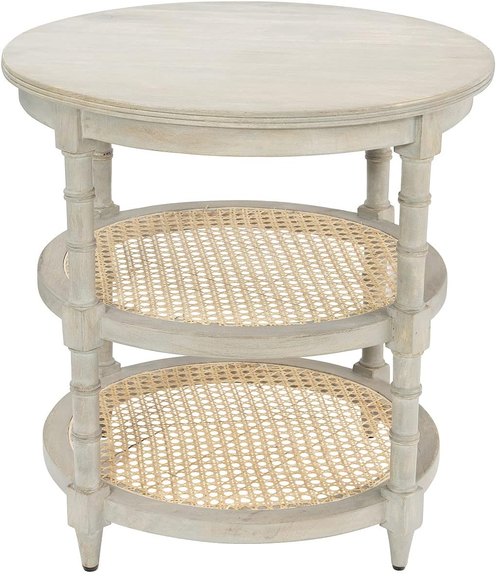 Round Mango Wood Table with 2 Cane Shelves R18209