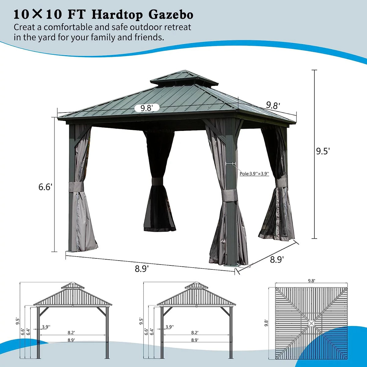 10’ x 10’ Hardtop Aluminum Gazebo with Netting & Curtains N5721