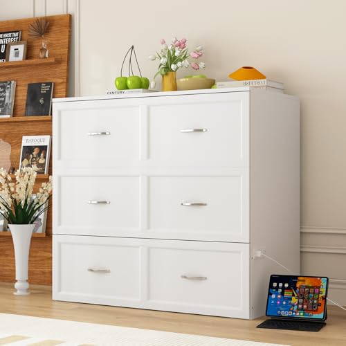 White Twin Size Murphy Bed with Charging Station and Drawer U319142