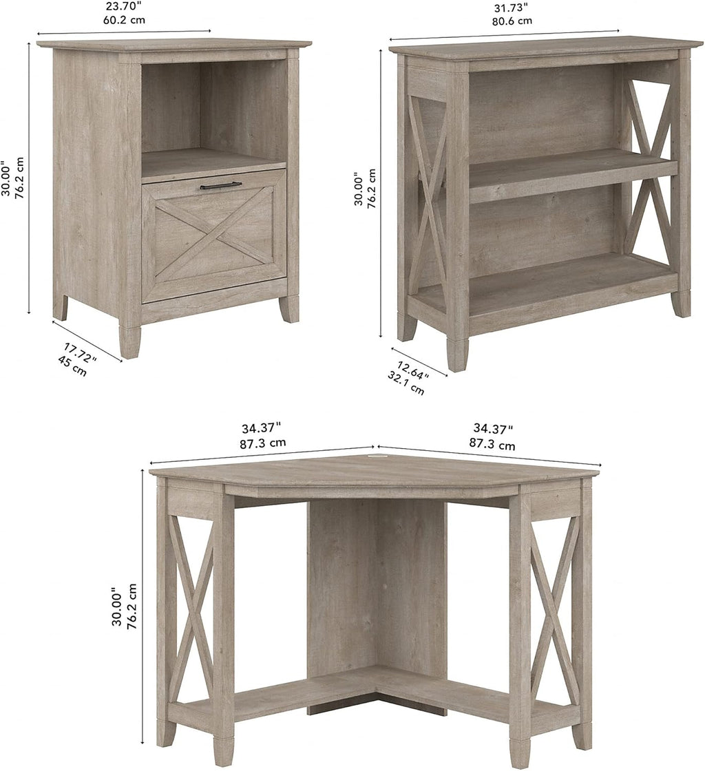 Washed Gray Corner Desk with Bookcase and Lateral File Cabinet X42065