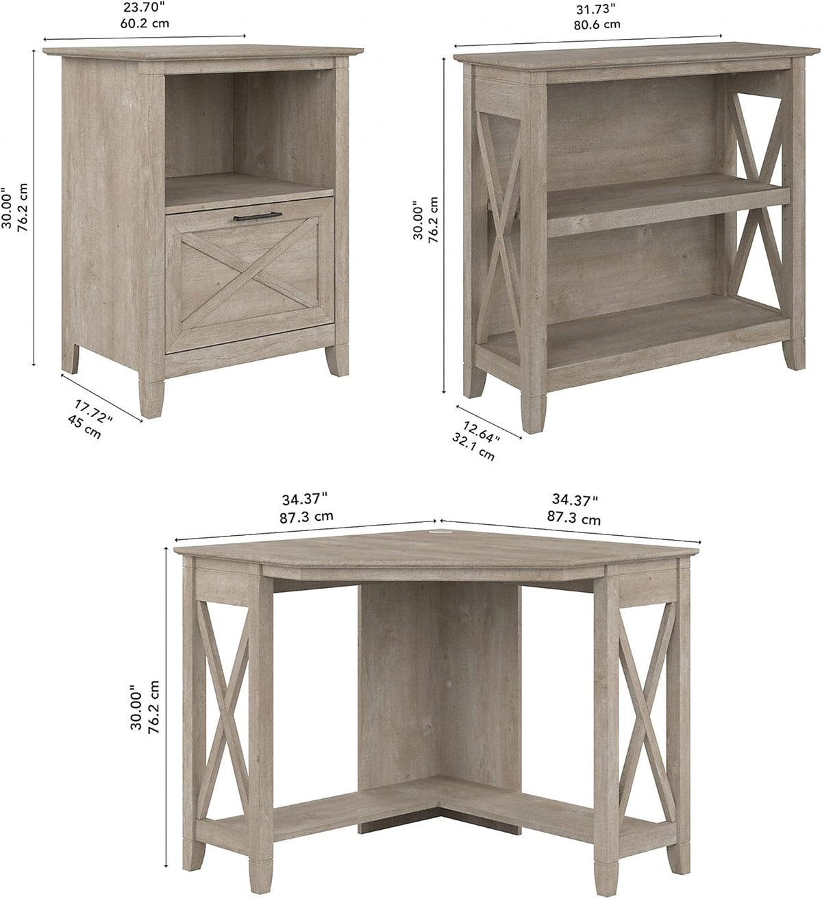 Washed Gray Corner Desk with Bookcase and Lateral File Cabinet X42065