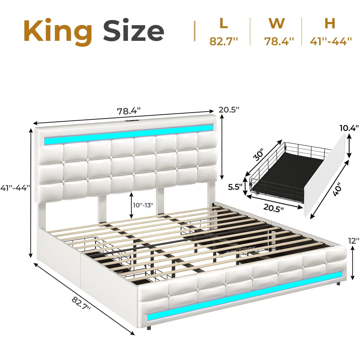 King Size White LED Bed Frame with USB Ports and Storage Drawers B219902