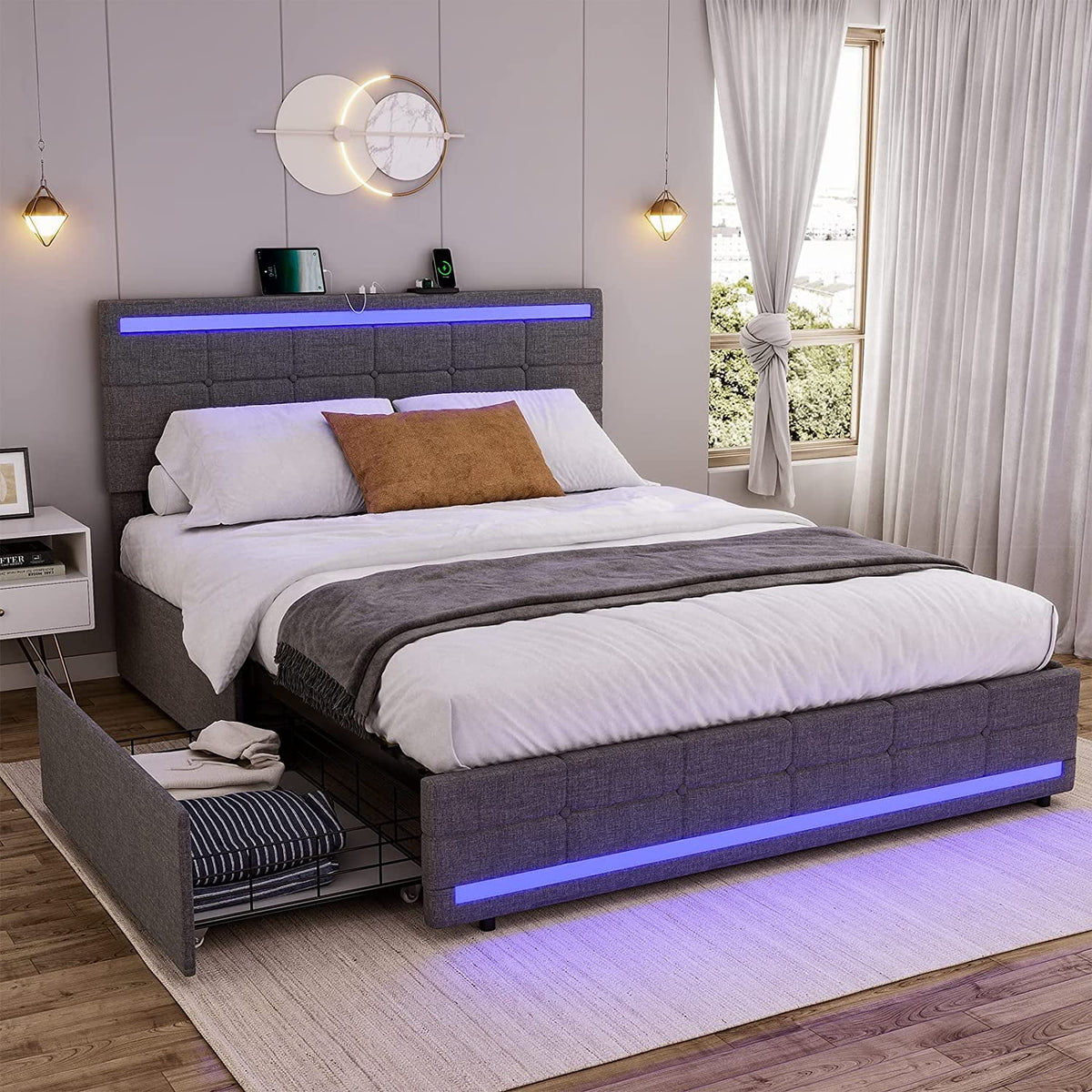 King Size White LED Bed Frame with USB Ports and Storage Drawers B219902