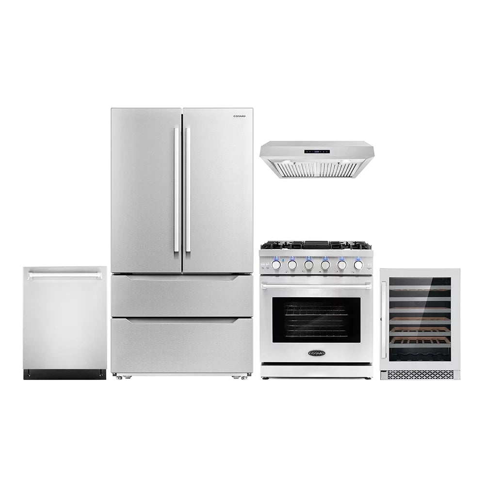 5 Piece Kitchen Appliance Package with Gas Range Dishwasher French Door Refrigerator Wine Refrigerator E250335