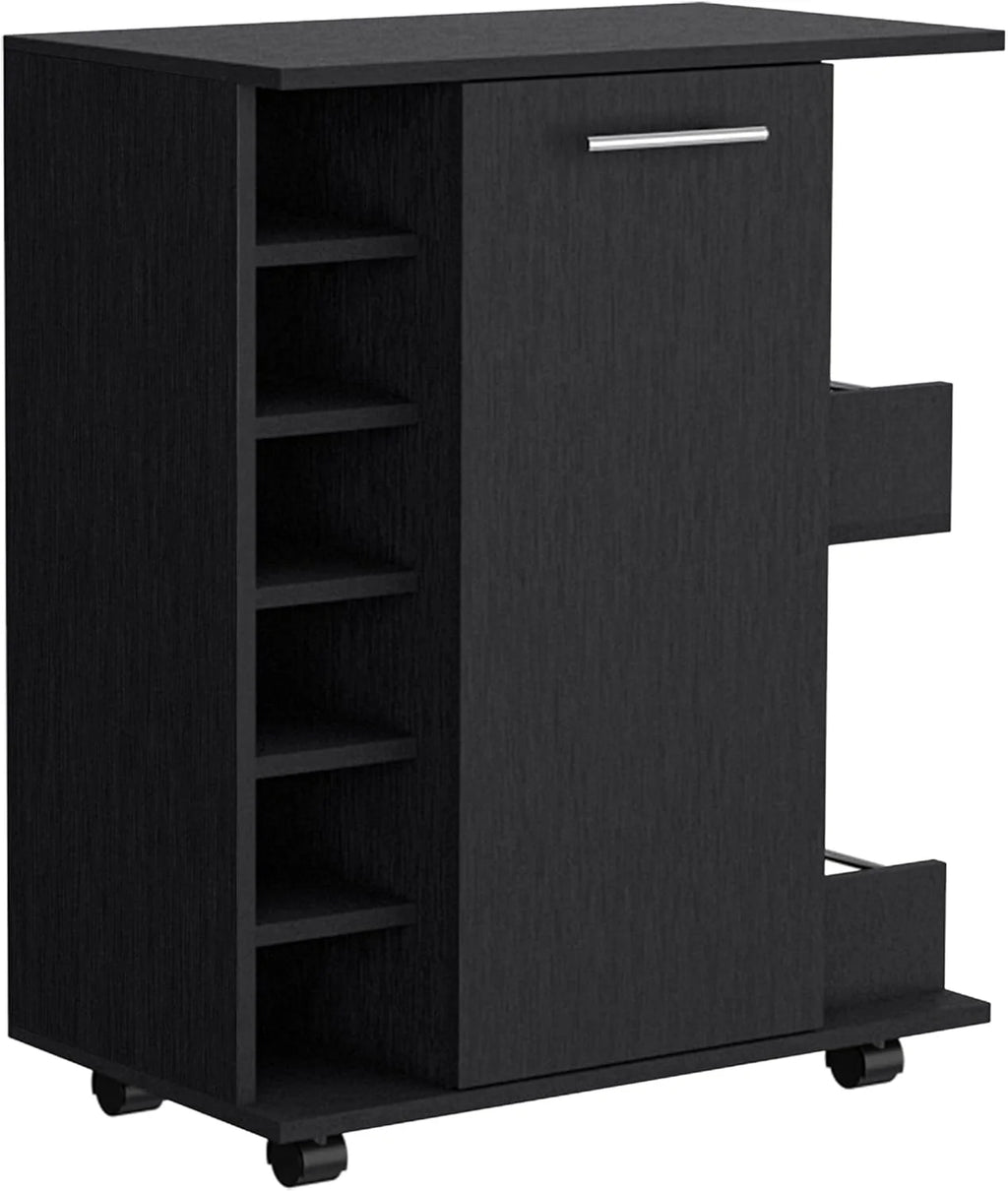 Black Bar Cart with 6 Built In Bottle Racks and 2 Open Side Shelves Z3413