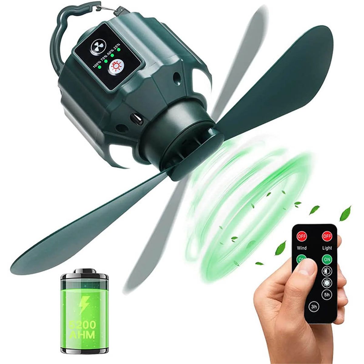 Rechargeable Camping Fan with LED Light and Hook 5200mAh P71194