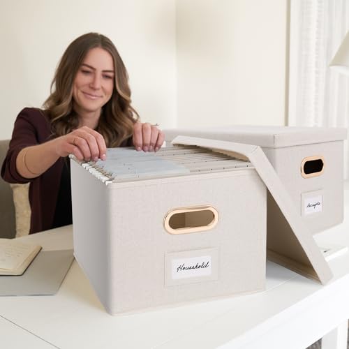 Collapsible Linen File Organizer Box Set of 2 with Lid J12532