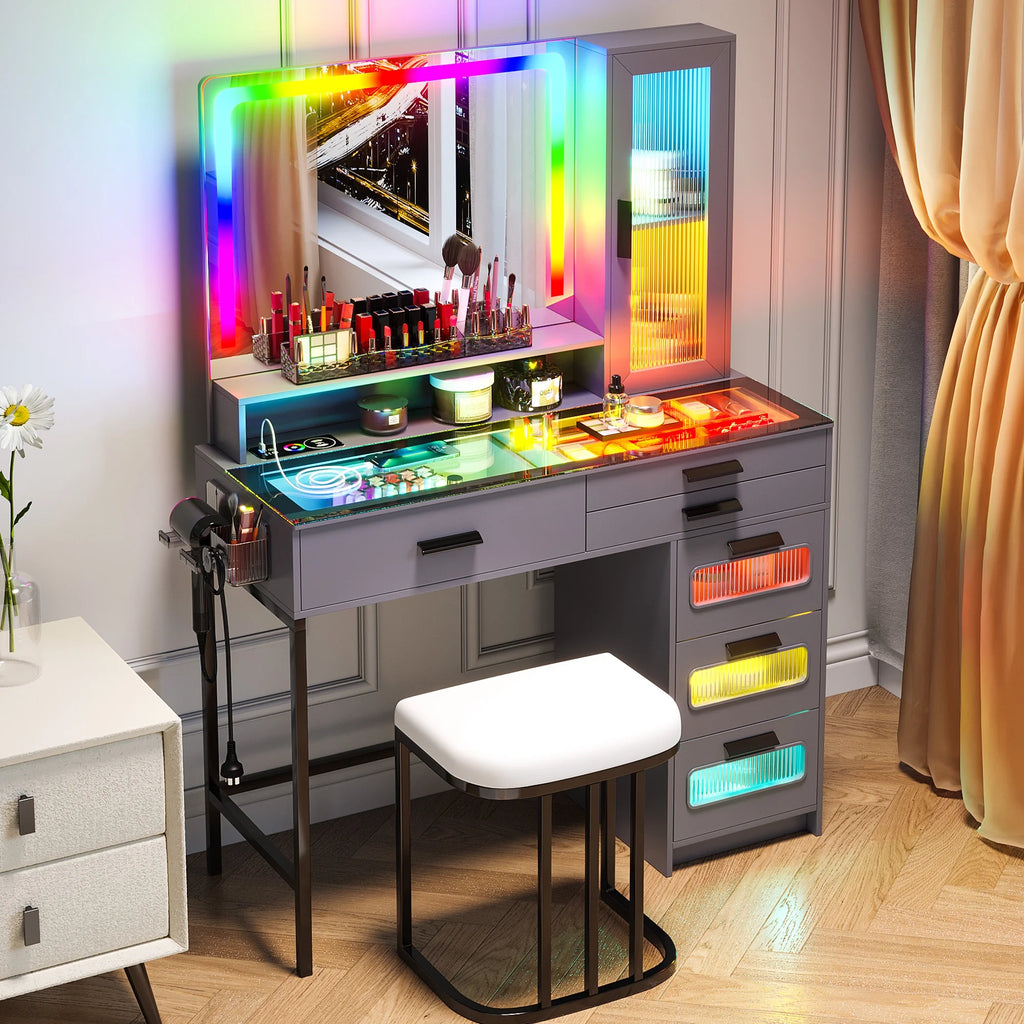 Grey Vanity Desk with Mirror and Stool K68441