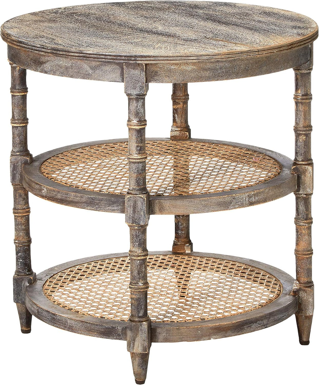 Round Mango Wood Table with 2 Cane Shelves R18209
