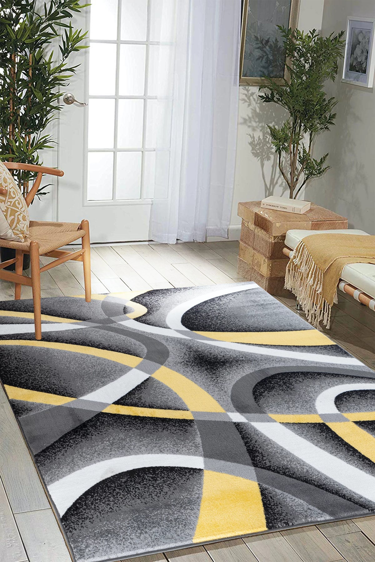 Gray Yellow Black White Abstract Area Rug L111266