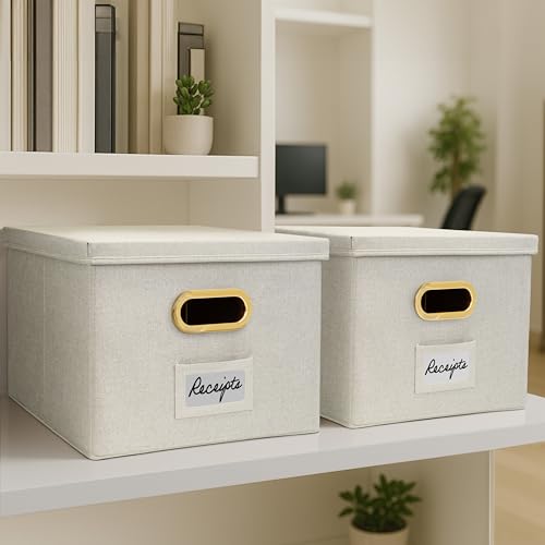 Collapsible Linen File Organizer Box Set of 2 with Lid J12532