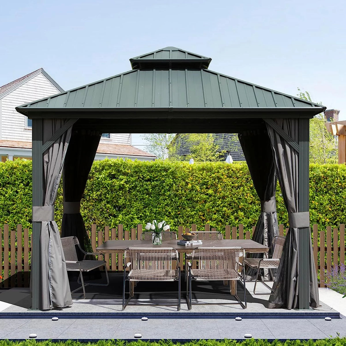 10’ x 10’ Hardtop Aluminum Gazebo with Netting & Curtains N5721