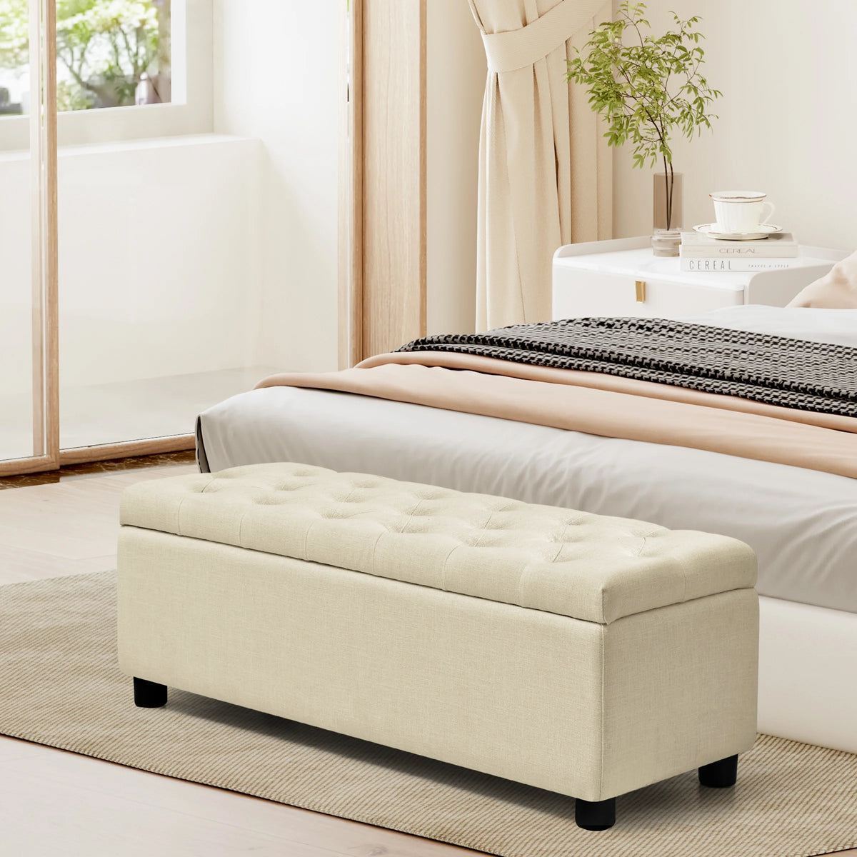 Beige Linen Fabric Storage Ottoman Bench X235183