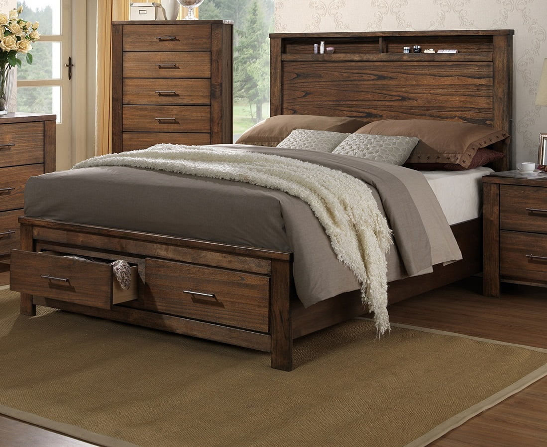 Natural Wood Finish Eastern King Size Bed with Storage Drawers V65459