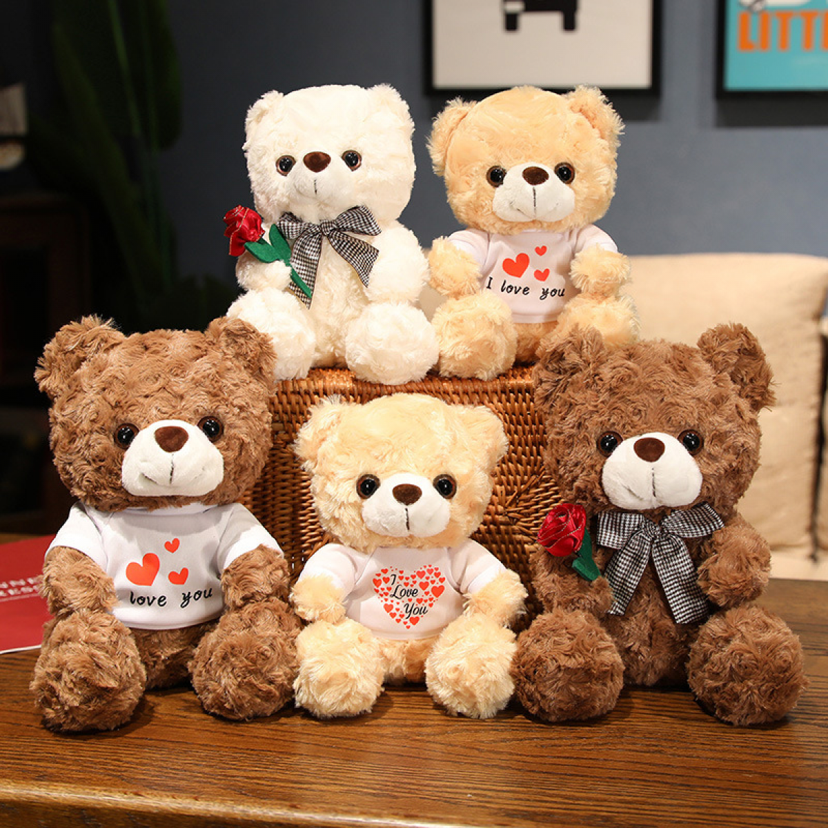 White Plush Roses Teddy Bear Doll D25797